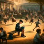 A boy sitting reading a book while other children are playing