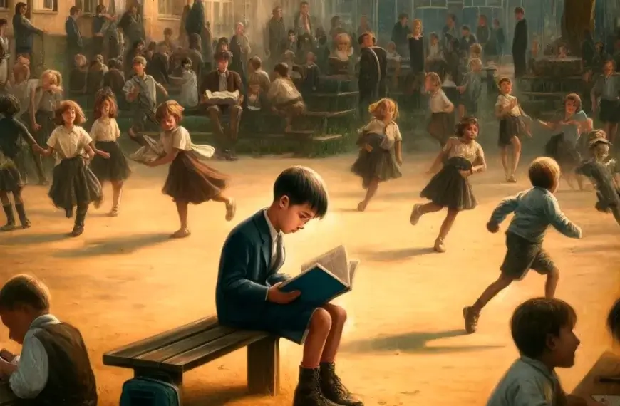 A boy sitting reading a book while other children are playing